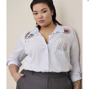 Torrid Blue Striped Embroidered Button Down Shirt